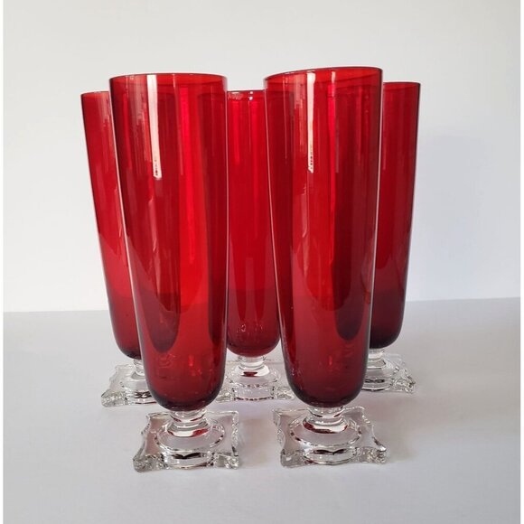 Vintage MCM Seneca Slim Jim 903 Ruby Red Footed Pilsner Beverage Glass Vase Set - Picture 5 of 13